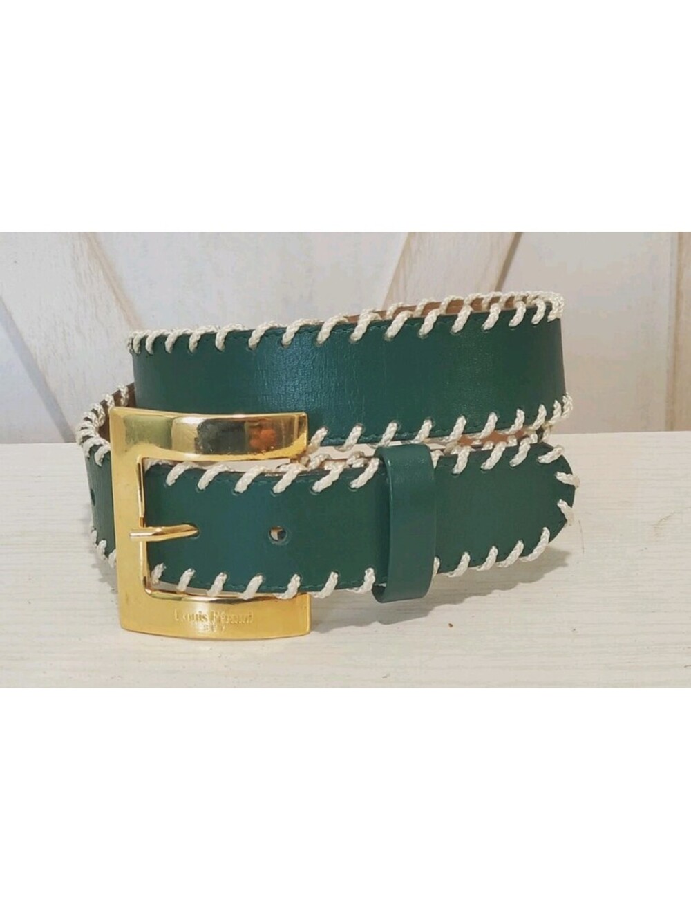 LOUIS FERAUD Green Leather Belt Beige Whipstitch Paris France Golden Buckle